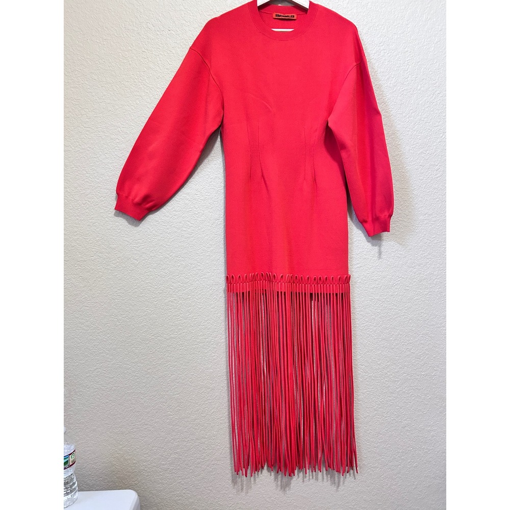 Simon Miller Small red Orange Fringe Knit Puff Sleeve sweater Dress Avant Garde